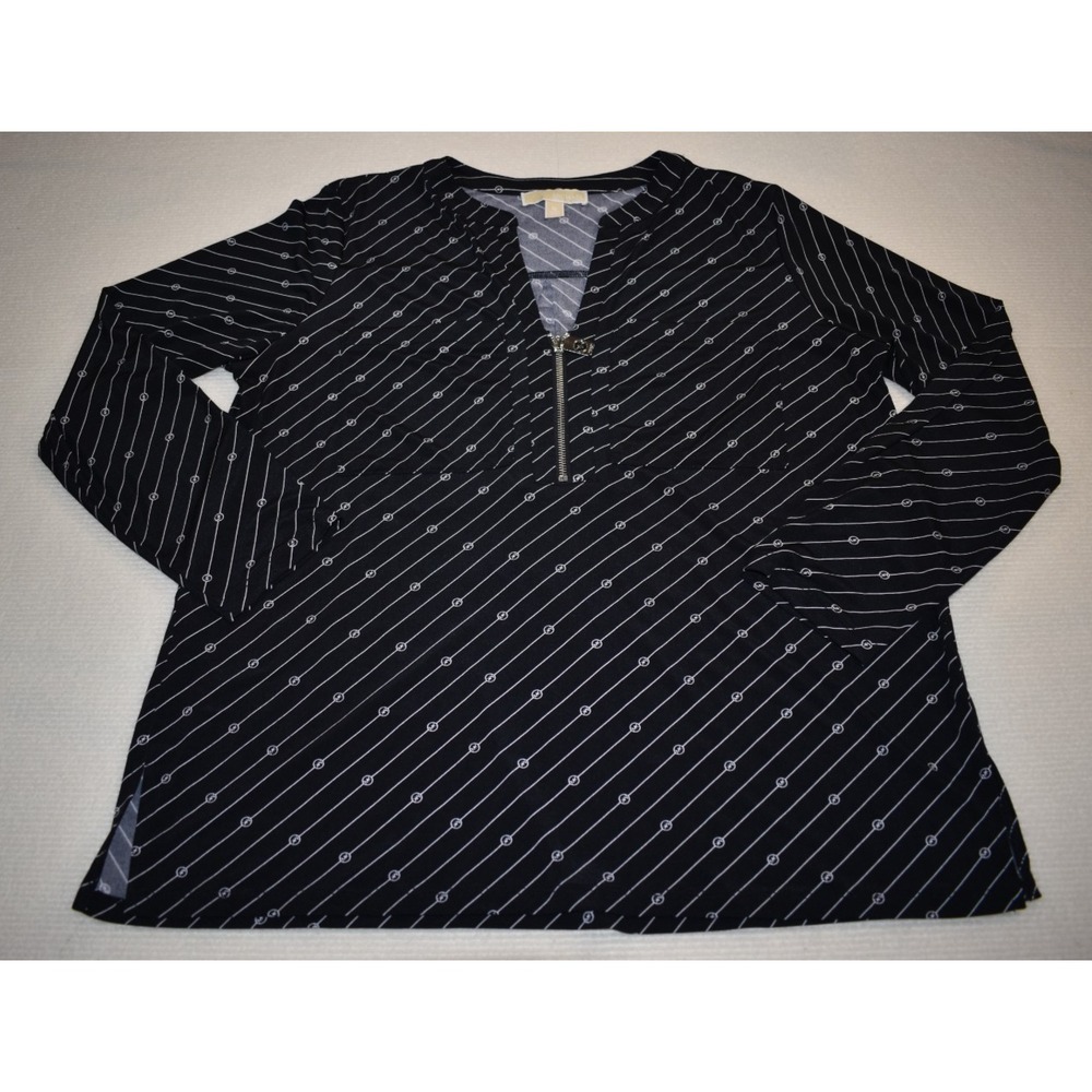 Michael Kors MK logo Print Zip Neck Blouse Black Silver Womens XL